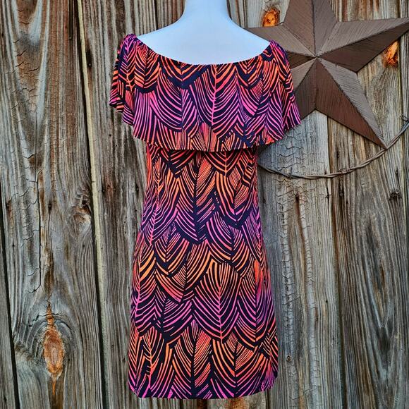 Off Shoulder Dress Trina Turk Merci Size S Navy Neon Orange Purple Print Ruffle - Picture 5 of 9